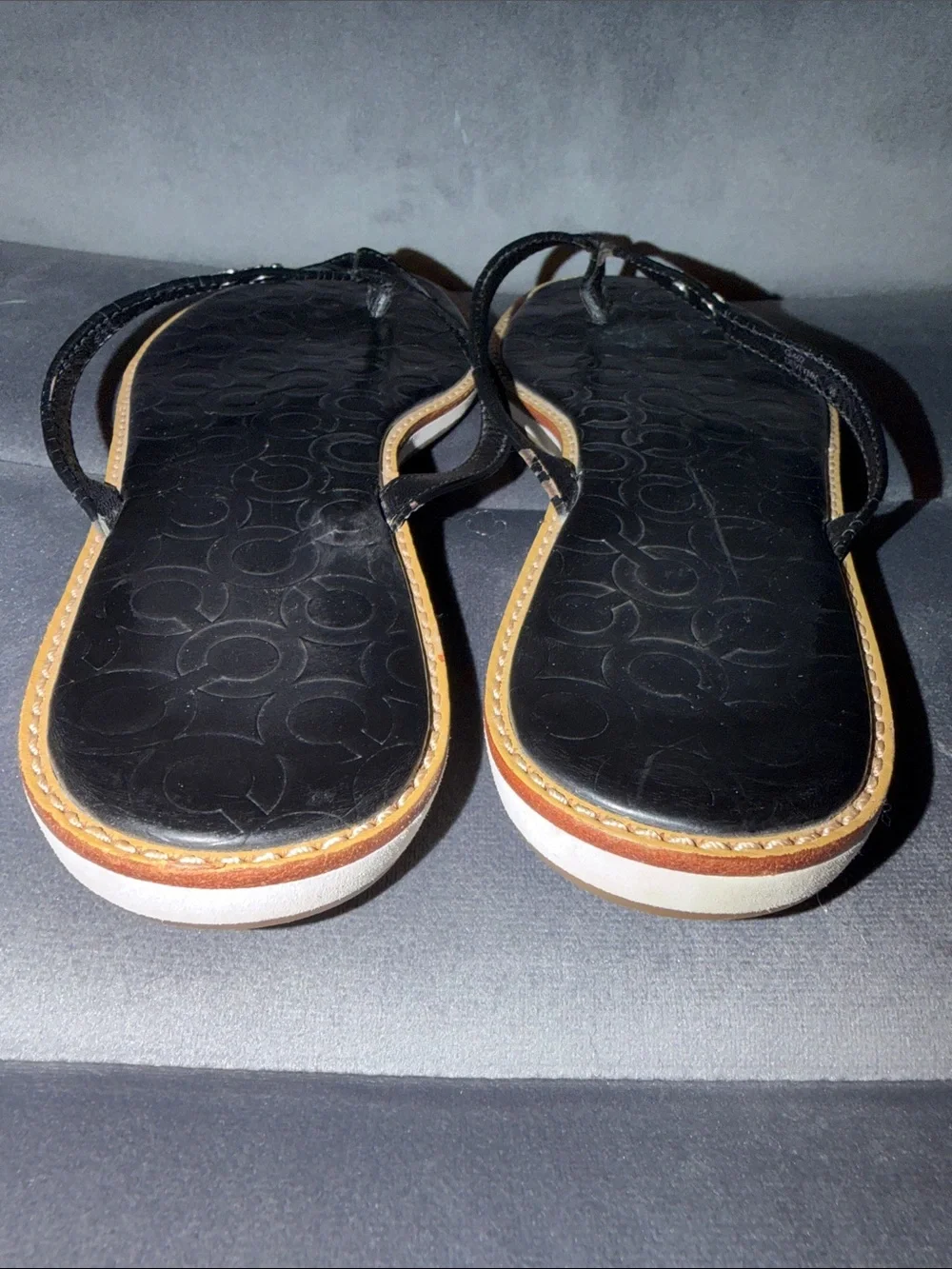 Coach Black Logo Embossed Flip Flop Sandals with Tan Trim size 9